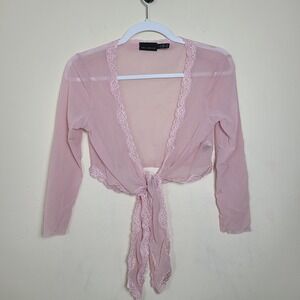 Pink Lace Mesh Womens M Tie Front Crop Top Coquette Girl Pink Fairy‎ Dainty Twee